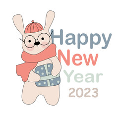 Vector New Year illustration, a rabbit with a gift and the inscription Happy New Year.
For printing on postcards, paper, textiles.