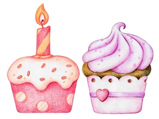 A festive set of delicious cupcakes with a candle, poured with delicate pink glaze, hand-drawn with colored pencil