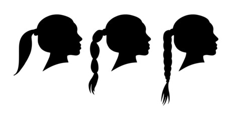 Woman head isolated black shadow shape. Flat simple vector silhouette. Hair styles variations. Braided hair, ponytale. Female beauty fashion icon set.
