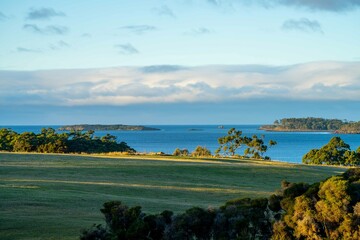 Farm looking out over the ocean, an organic grass farm and ranch, by the coast, beach and ocean. in Tasmania, Australia.