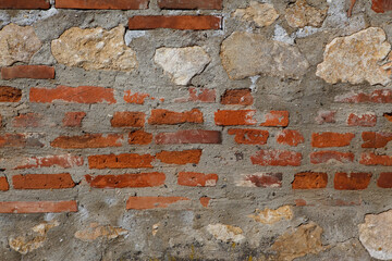 Wall texture with red bricks in high detail. Daylight photo
