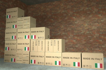 Boxes with made in Italy text form a declining bar chart. Crisis related conceptual 3D rendering