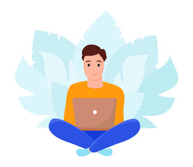 Fototapeta na wymiar Young man sitting with laptop. Freelance, online studying, work from home concept. Vector illustration in flat style.