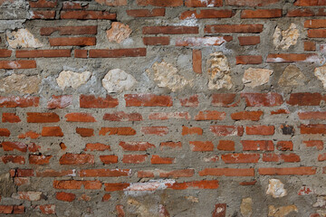 Wall texture with red bricks in high detail. Daylight photo