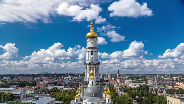 The bell tower of the Assumption Cathedral Uspenskiy Sobor timelapse in Kharkiv, Ukraine