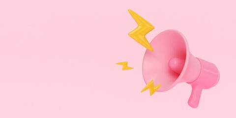 3d icon megaphone, loudspeaker with floating lightning isolate on pink background. social media and marketing concept. 3d illustration