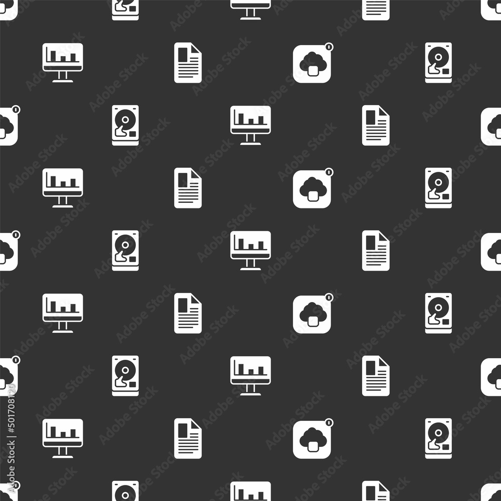 Poster set cloud technology data transfer, hard disk drive hdd, monitor with graph chart and file document 