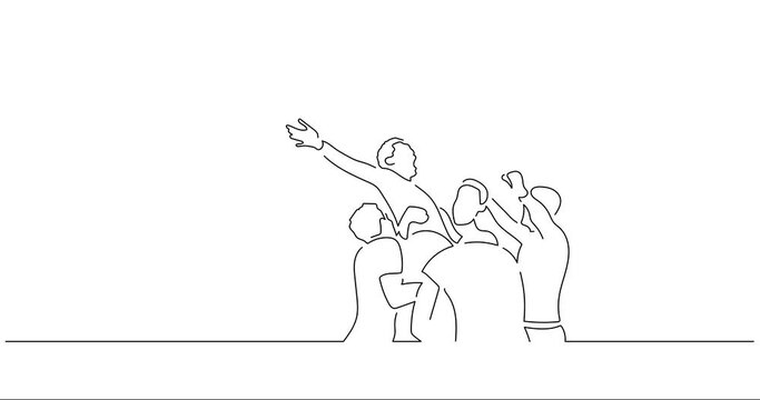 Happy teammates in line art animation. Sport celebration of a group of young people footage. Black linear video on white background. Animated gif illustration design.