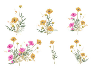 Obraz premium Set of Watercolor pink floral arrangement bouquet hand draw collection. invitation save the date card design. botanical vector illustration.