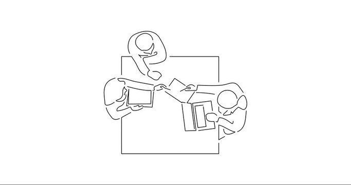 Teamwork using technology in line art animation. Footage of a group of business people working. Black linear video on white background. Animated gif illustration design.