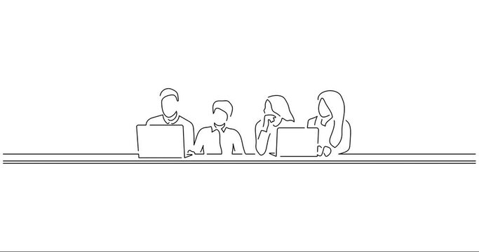 Teamwork using technology in line art animation. Footage of a group of business people working. Black linear video on white background. Animated gif illustration design.