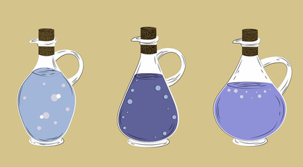 Doodle illustration. Magic liquid bottles. Cartoon elixirs. Test tube icons.