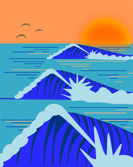 Series of waves breaking with a sunset in the background