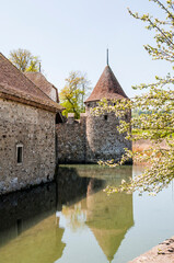 Fototapeta premium Seengen, Schloss Hallwyl, Wasserschloss, Burg, Hallwilersee, See, Spazierweg, Insel, Aabach, Aargau, Frühling, Frühlingssonne, Frühlingsblüten, Schweiz