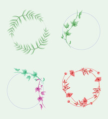 set of Watercolor floral frame invitation card design. Set of floral wedding logos and monogram with elegant green leaves golden geometric triangular frame for invitation save the date card design.