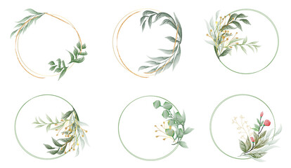 set of Watercolor floral frame invitation card design. Set of floral wedding logos and monogram with elegant green leaves golden geometric triangular frame for invitation save the date card design.