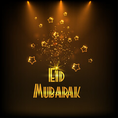 Golden Eid Mubarak Font With Stars Decorated On Brown Lights Effect Background.
