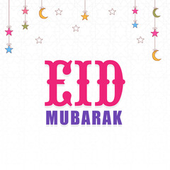 Eid Mubarak Font With Hanging Crescent Moon, Stars Decorated On White Islamic Pattern Background.
