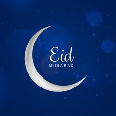 Obraz na płótnie Canvas Eid Mubarak Font With Crescent Moon On Blue Bokeh Lights Effect Background.