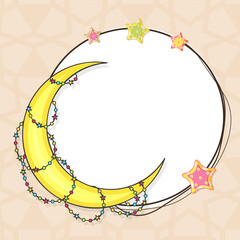 Muslim Community Festival Concept With Crescent Moon, Stars And Empty White Circular Frame On Pastel Peach Islamic Pattern Background.
