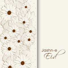 Jashn-E-Eid Greeting Card With Doodle Style Sunflowers Pattern On White Background.