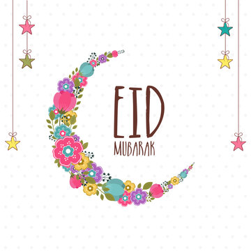 Eid Mubarak Greeting Card With Floral Crescent Moon, Stars Hang On White Dotted Pattern Background.