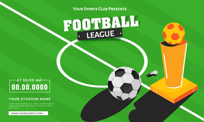 Football League Banner Design With Soccer Ball, Winning Trophy Cup On Green Playground.