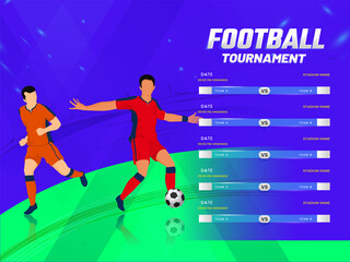Fototapeta na wymiar Football Tournament Concept With Faceless Footballer Players In Playing Pose, Participating Countries List On Blue And Green Background.