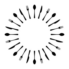 Circle restaurant background. Fork knife and spoon silhouettes icon isolated on white
