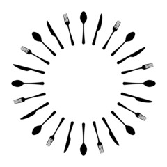 Circle restaurant background. Fork knife and spoon silhouettes icon isolated on white
