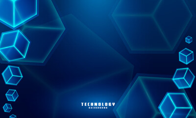 Vector realistic 3d cubes with blue glowing on dark blue background.