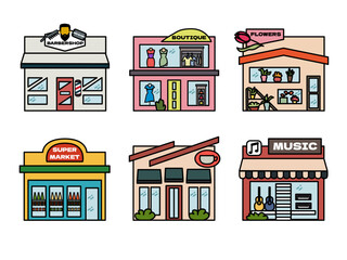 set of colorful vector images of houses and shops