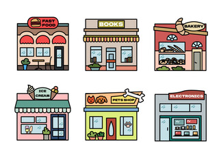 set of colorful vector images of houses and shops