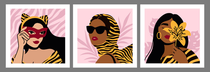 Set of fashion magazine cover designs. Close up portraits of beautiful women, in sunglasses, shawl, golden earrings, with flower. Tiger stripes pattern. Vector hand drawn illustration