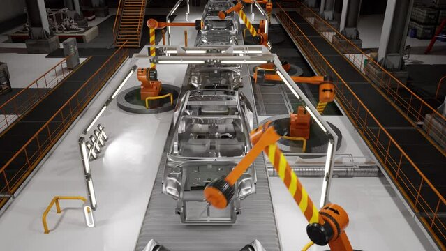 Car plants factory 3D Concept: Automated Robot Arm Assembly Line Manufacturing High-Tech Vehicles. Production Conveyor. Render 4K.