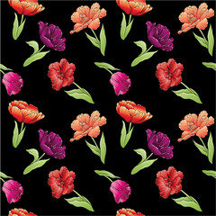 Pattern floral tulips of silhouettes in different angles drawn in doodles Trendy