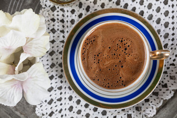 Turkish coffee served in classic Turkish coffee cup