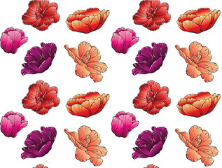 Pattern floral tulips of silhouettes in different angles drawn in doodles Trendy