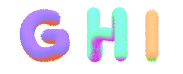 set of letters G, H, I with the effect of fur. shaggy letter