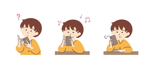 スマホを持つ女性のシンプルなイラストセット_A04【ショートボブ】