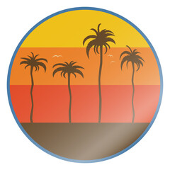 glossy round retro sunset beach sticker with palm trees, vector illustration