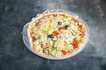 pizza frozen food packaging film cellophane defrost fresh meal food snack on the table copy space food background 