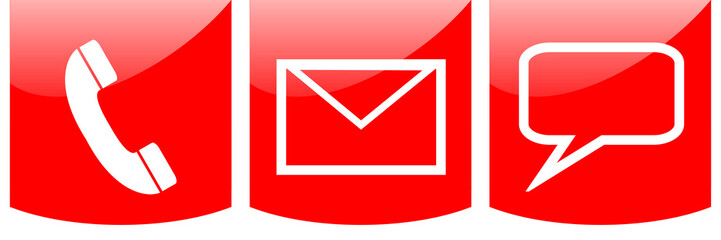 Kontakt Banner mit roten Buttons: Telefon Hotline, Brief oder E-mail und Chat oder persönlicher Kontakt - obrazy, fototapety, plakaty