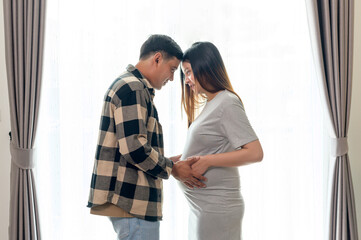 Fototapeta premium Young pregnant woman with husband embracing and expecting a baby at home