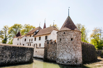 Fototapeta premium Seengen, Schloss Hallwyl, Wasserschloss, Burg, Turm, Ringmauer, Hallwilersee, See, Spazierweg, Insel, Aabach, Aargau, Frühling, Schweiz