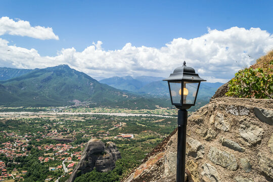 Mount Meteora near the Greek city of Kalambaka, in western Thessaly. Panoramic view of Mount Meteora from the city of Kalambaka in Greece.