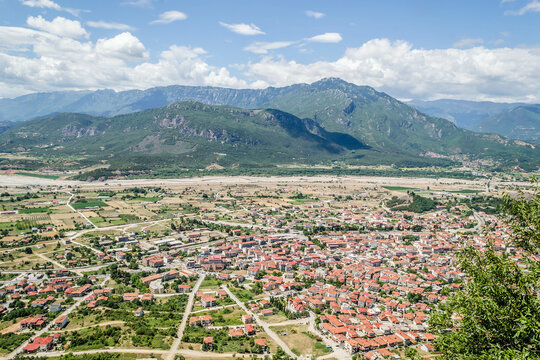 Mount Meteora near the Greek city of Kalambaka, in western Thessaly. Panoramic view of Mount Meteora from the city of Kalambaka in Greece.