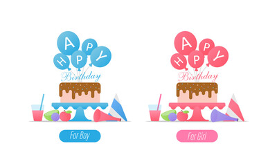 Happy birthday greeting illustrations set for boy and girl. Vector illustration EPS 10