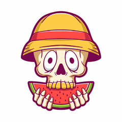 Skull eating watermelon at summer vector illustration