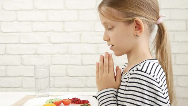 Kid Praying Before Eating Breakfast in Kitchen, Child Preparing Eat Meal, Girl Religious View, Christian Customs, Practices